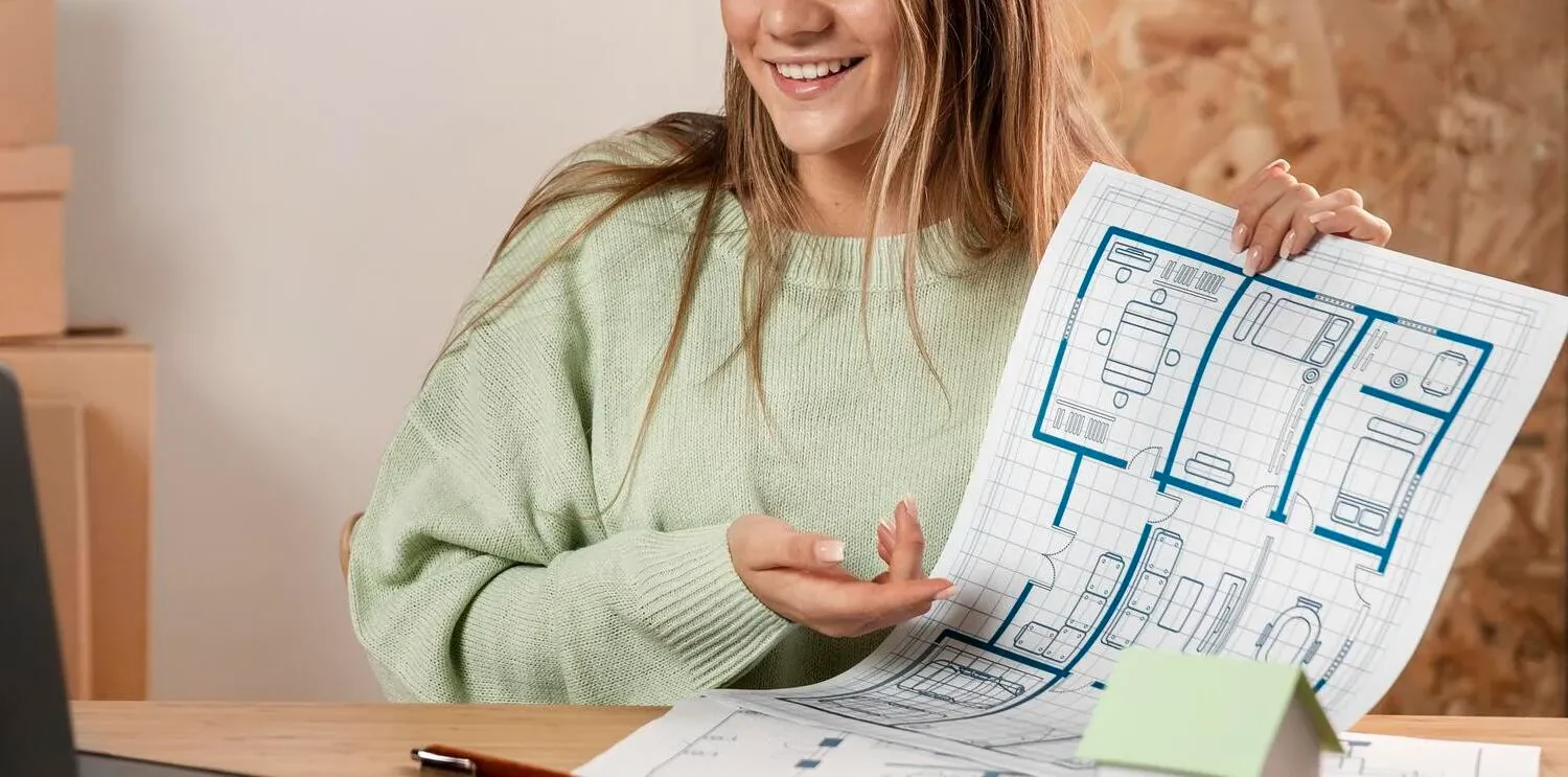 mujer feliz presentando planos casa