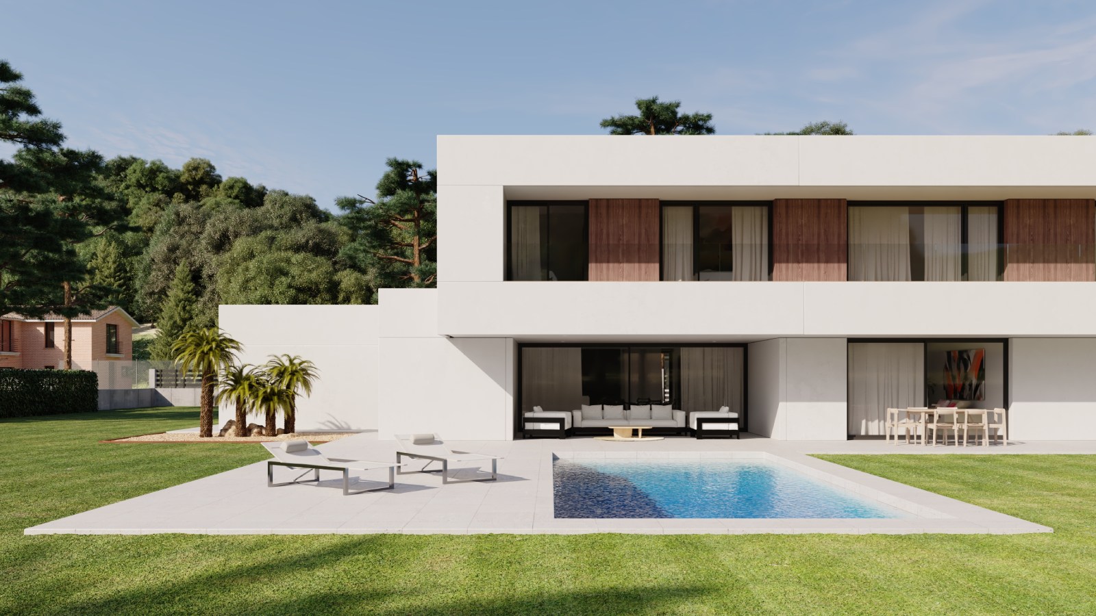 chalet blanco con piscina