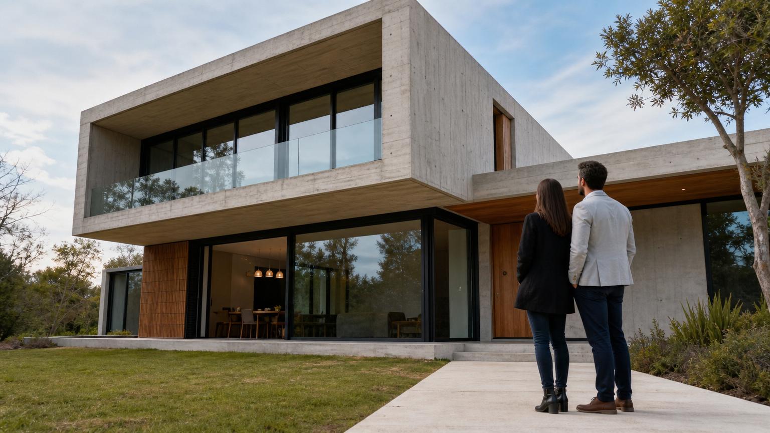Couple standing on a path looking at a luxury two-story modern concrete house with large glass windows and minimalist architectural design. Couple standing on a path looking at a luxury two-story modern concrete house with large glass windows and minimalist architectural design.