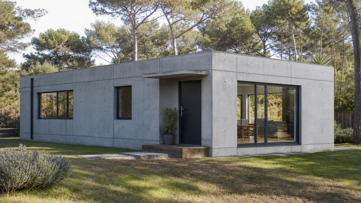 Modern minimalist prefabricated concrete house with large glass windows and a flat roof, situated in a sunny forest clearing. Modern minimalist prefabricated concrete house with large glass windows and a flat roof, situated in a sunny forest clearing.