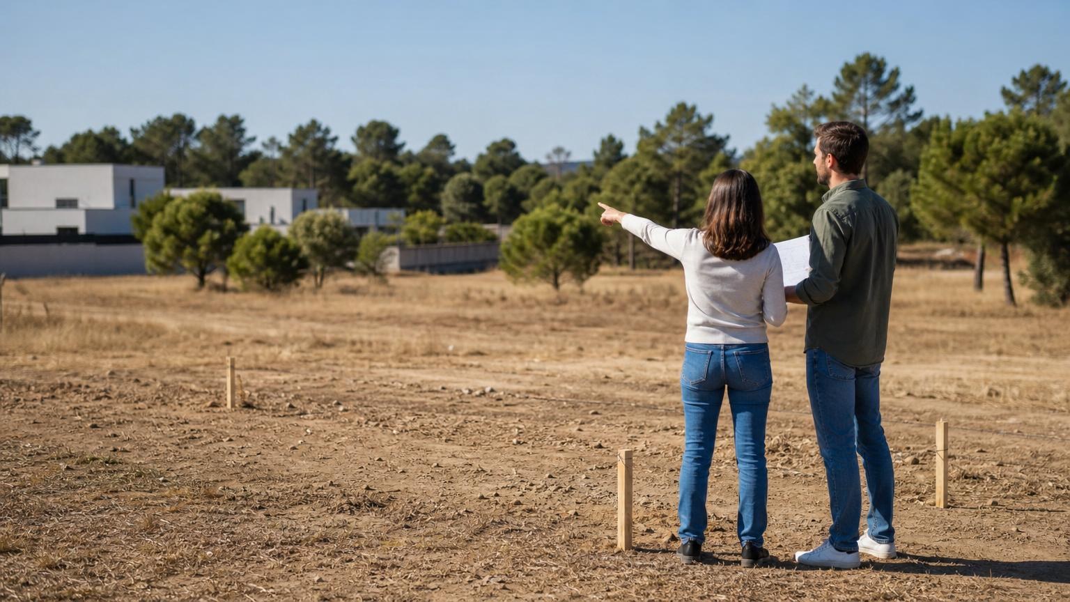 Couple standing on a flat, dry plot of land marked with wooden stakes, pointing toward a distant forest and modern white buildings. Couple standing on a flat, dry plot of land marked with wooden stakes, pointing toward a distant forest and modern white buildings.